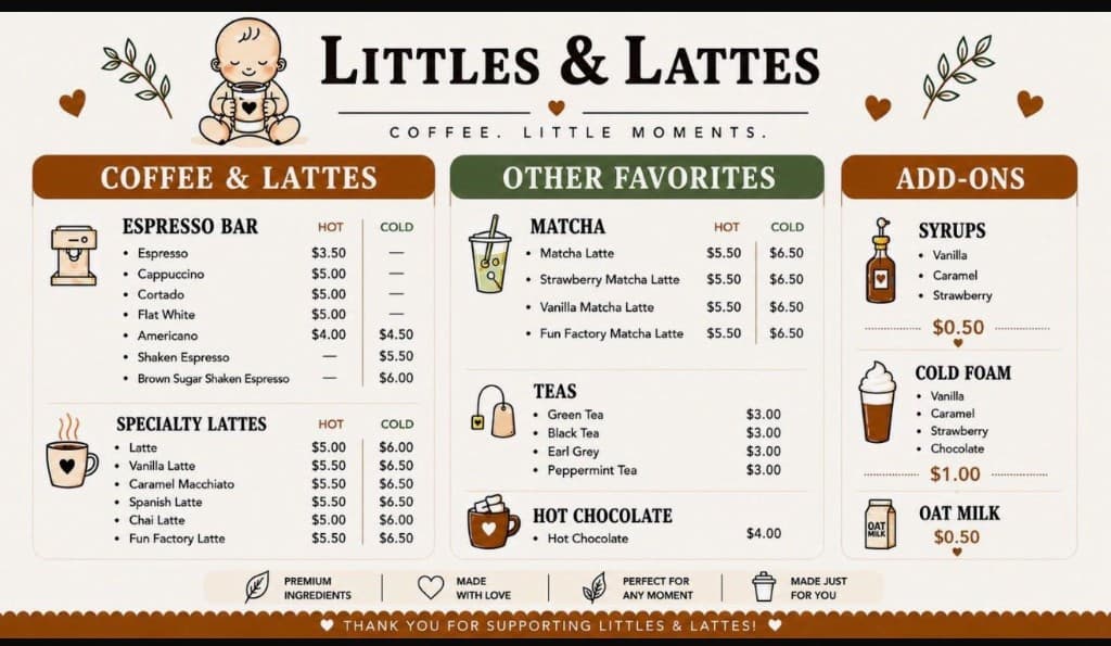 Littles & Lattés full café menu with pricing