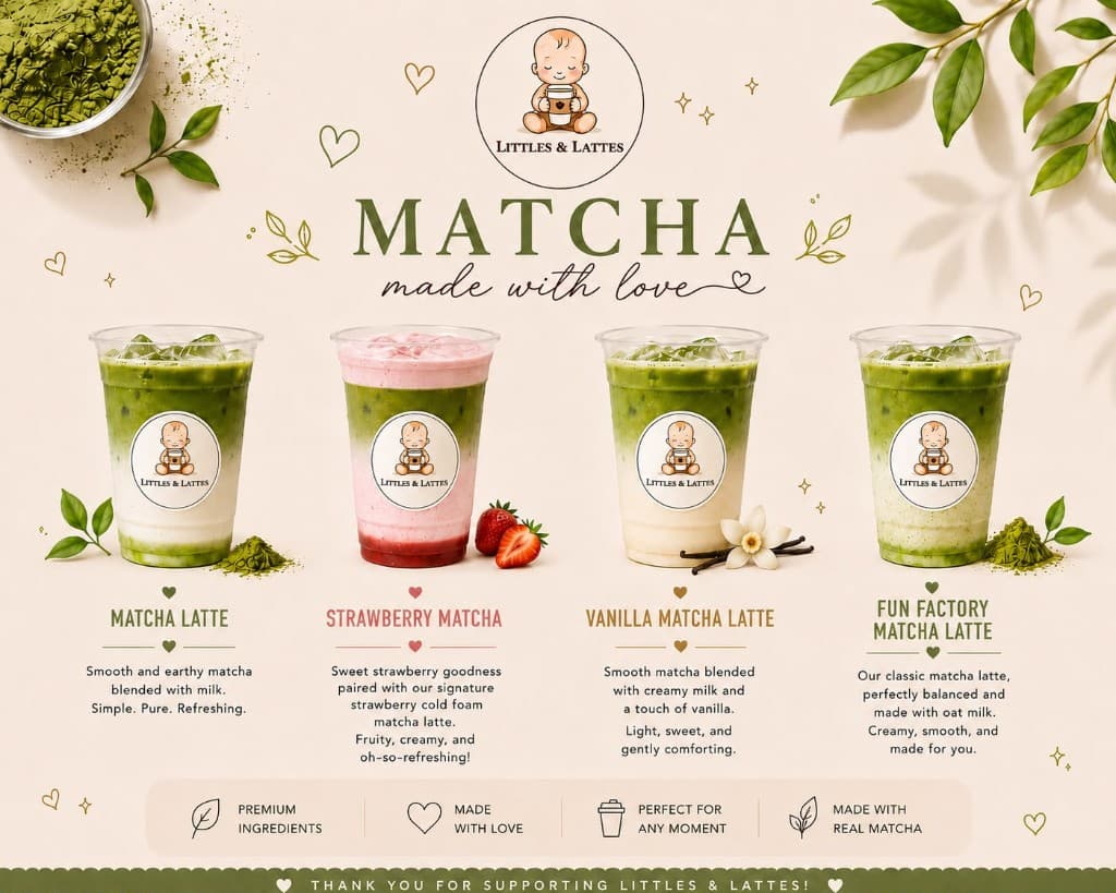 Littles & Lattés matcha drinks menu
