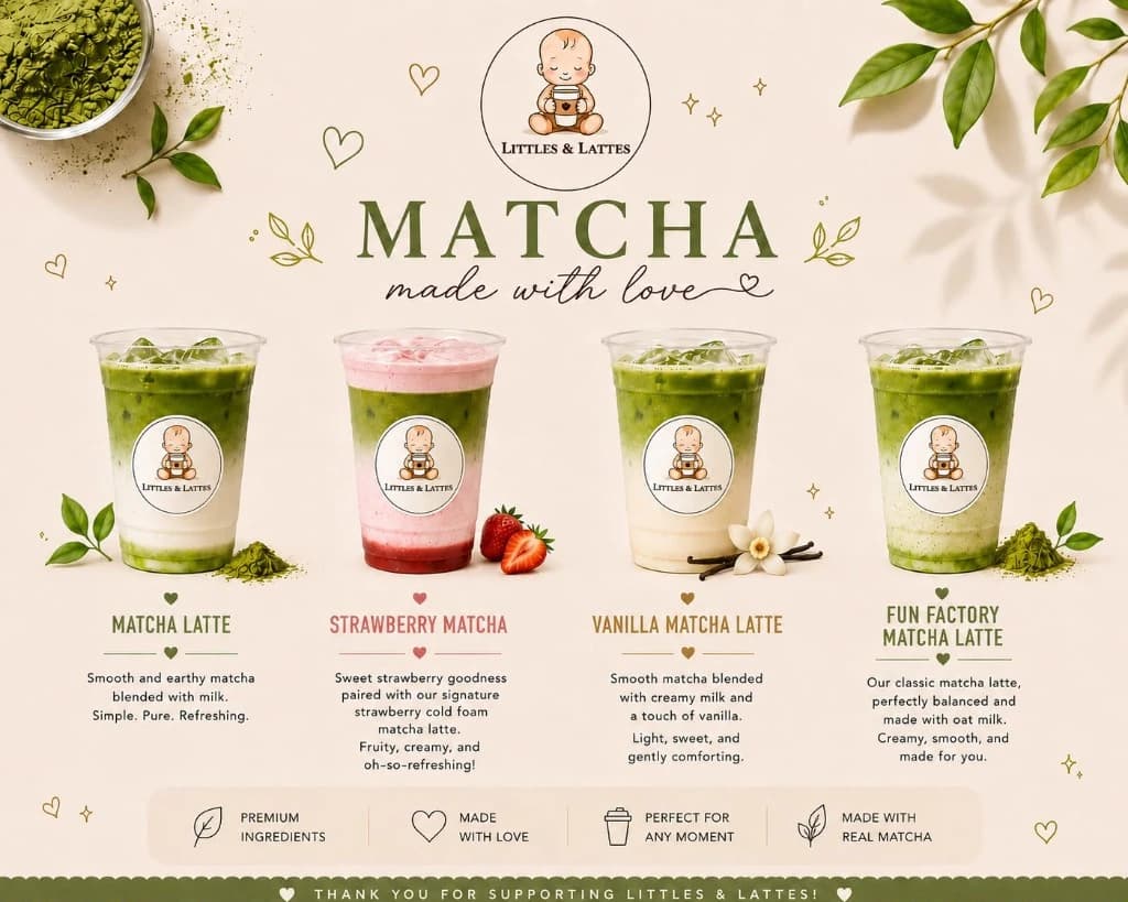 Littles & Lattés matcha drinks menu