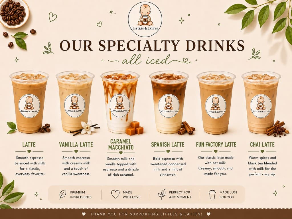 Littles & Lattés specialty iced lattes menu