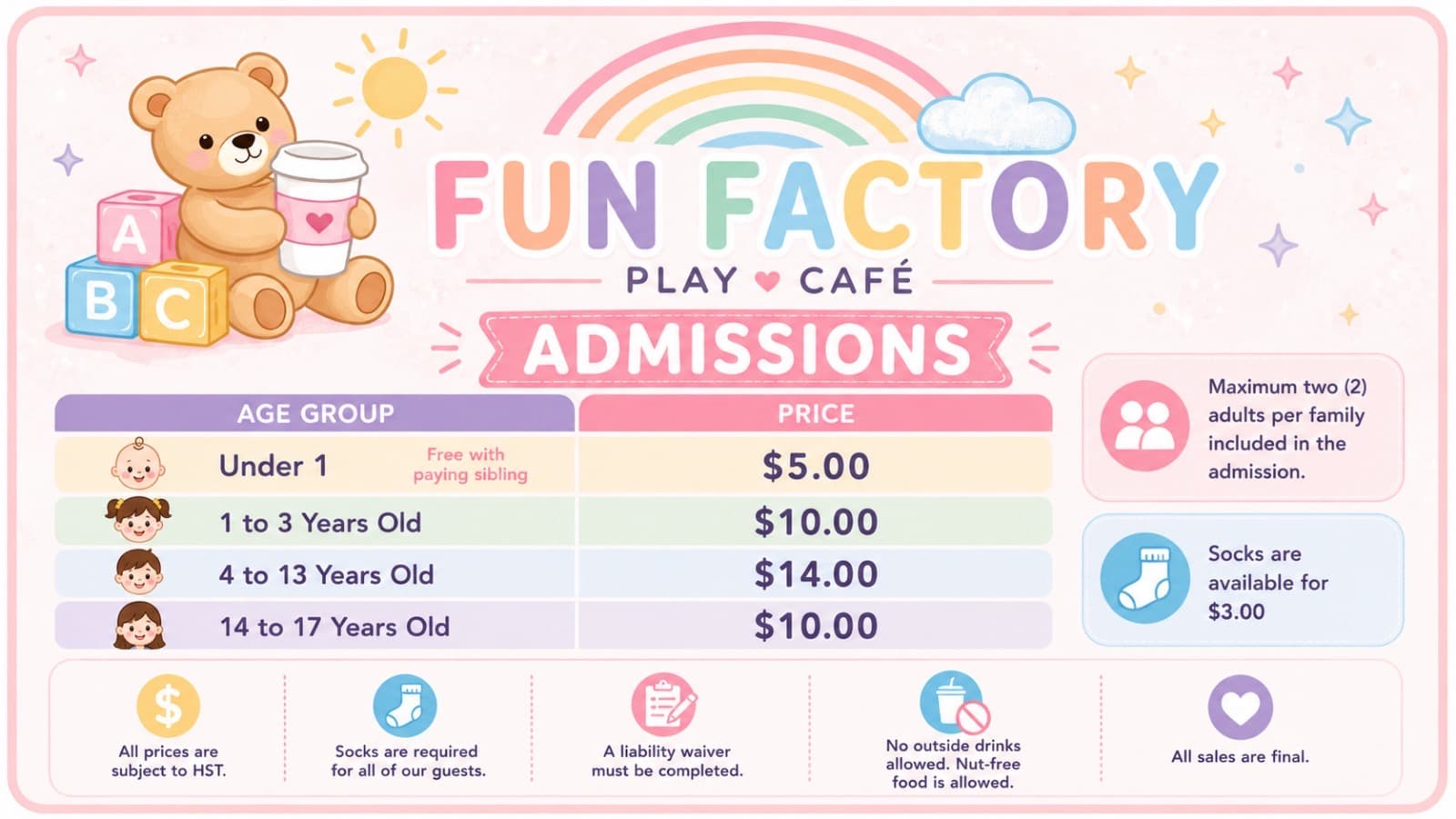 Fun Factory admissions pricing chart